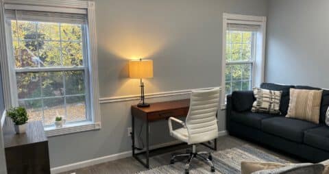An interior photo of an Ellie Mental Health Therapy Clinic office with two windows, a blue sofa, a small desk and white office chair, a desk lamp, and a small plant on top of a wooden bookcase.