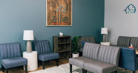 An interior photo of an Ellie Mental Health Therapy Clinic lobby with several blue and gray chairs, a small bookcase with a small white elephant statue on it, two small white tables with table lamps and the Ellie Mental Health logo hanging on the wall.