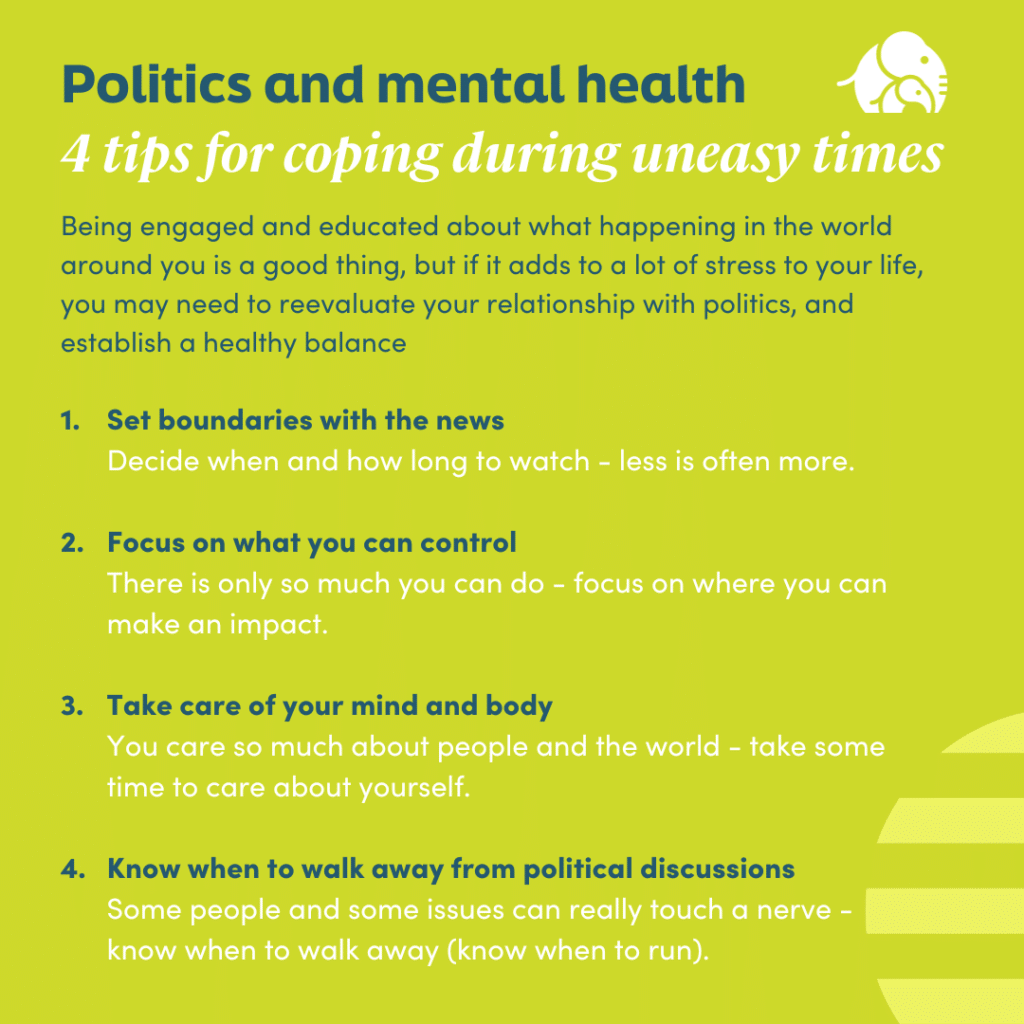 An infographic for Politics and mental health coping tips