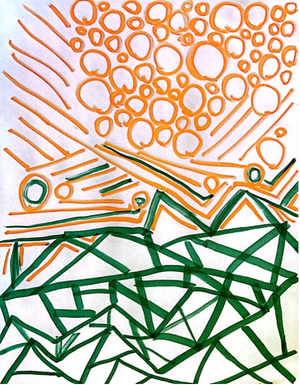 Abstract drawing using green and orange lines and circles. The green is on the bottom and begins to intersect with the orange in the middle.