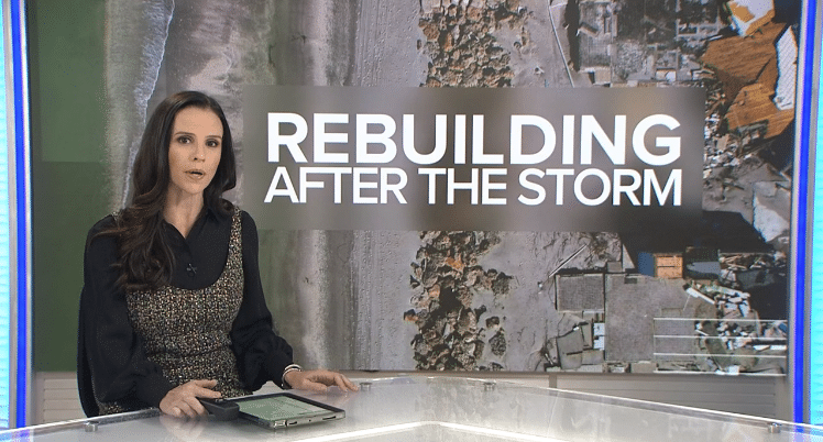 Woman newscaster discussing the effects of recent hurricanes in Florida